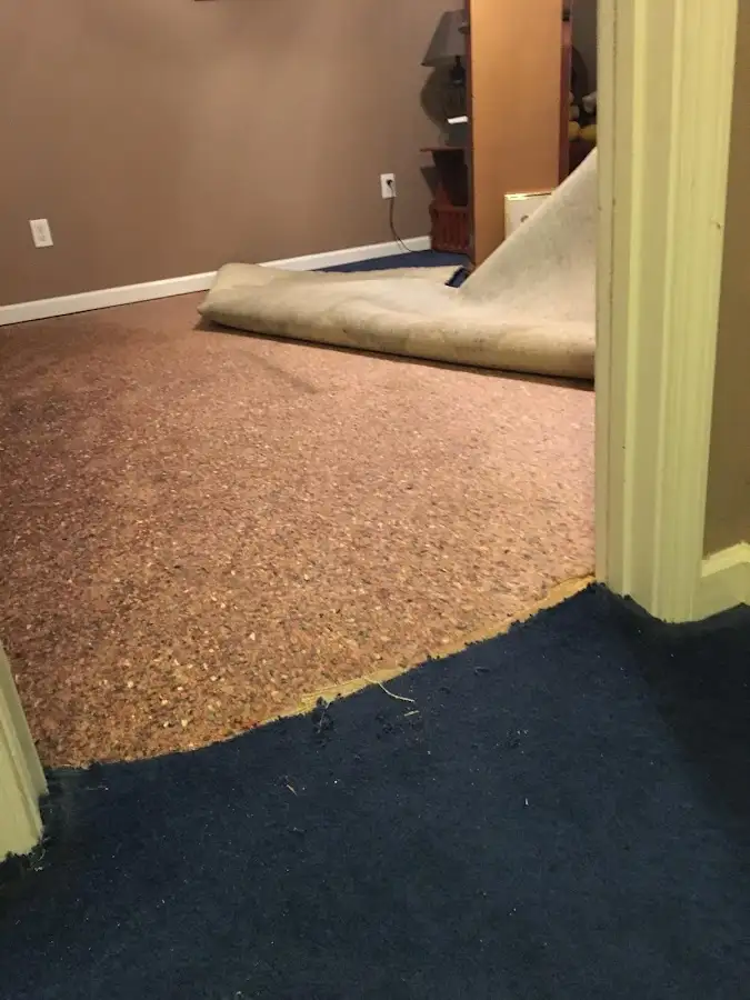 Carpet pad removal revealing water damage during Water Mitigation Services in Keansburg